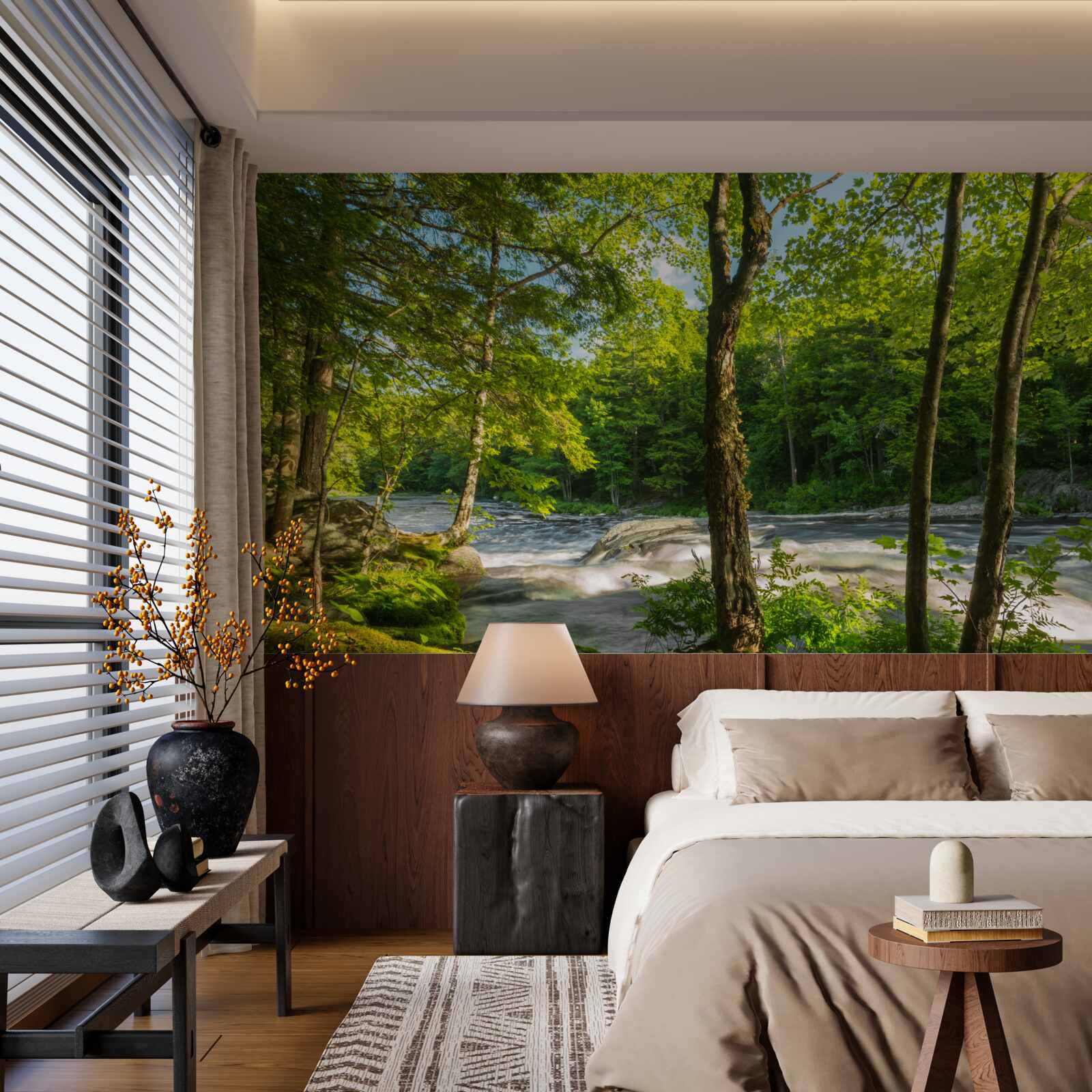 Papier peint une rivière bruyante dans les montagnes qui coule à travers une forêt ensoleillée