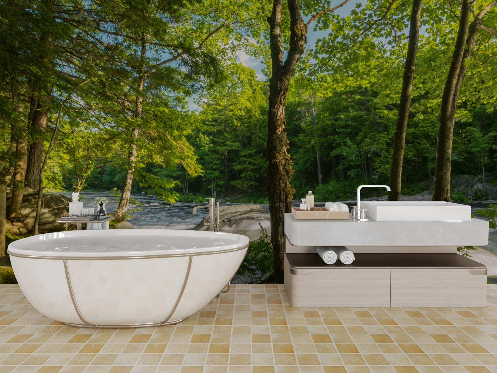 Papier peint une rivière bruyante dans les montagnes qui coule à travers une forêt ensoleillée