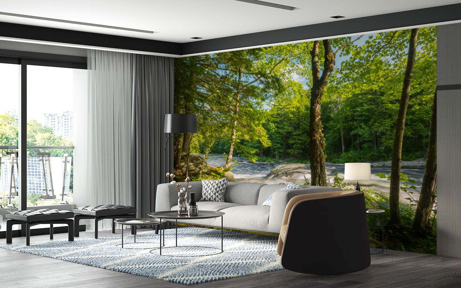 Papier peint une rivière bruyante dans les montagnes qui coule à travers une forêt ensoleillée