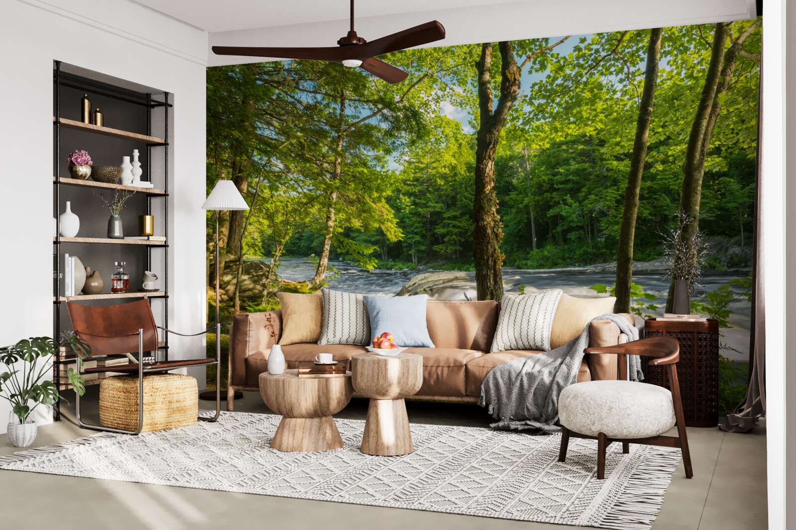 Papier peint une rivière bruyante dans les montagnes qui coule à travers une forêt ensoleillée