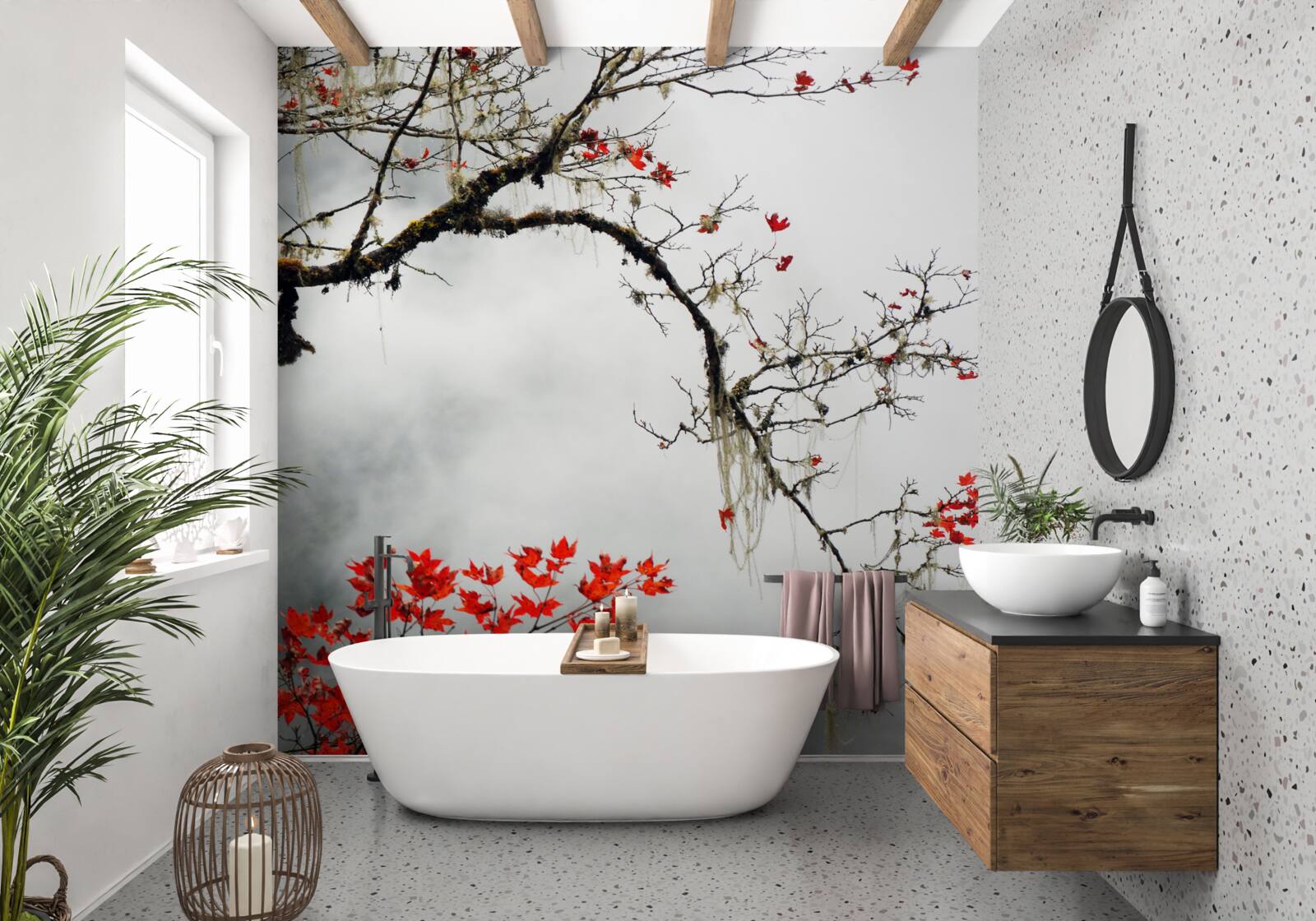 Papier peint branche avec des feuilles dans la brume d'automne