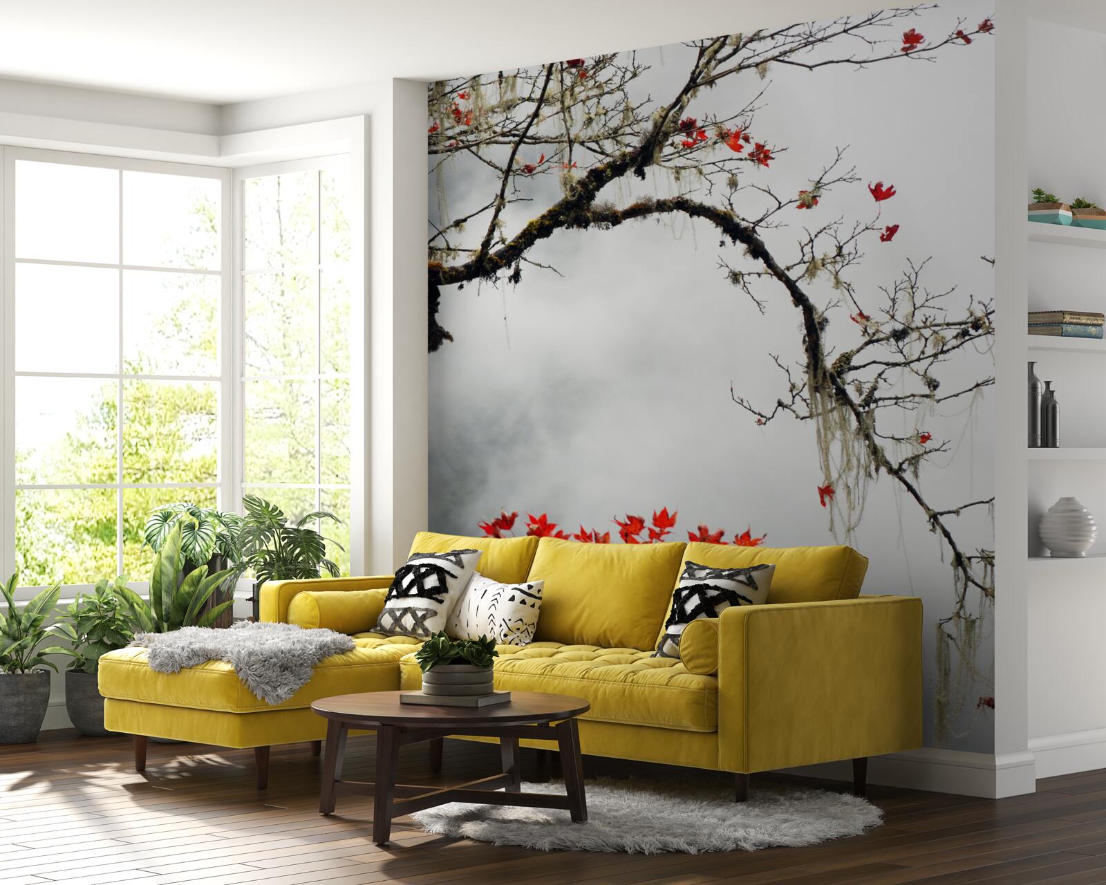 Papier peint branche avec des feuilles dans la brume d'automne