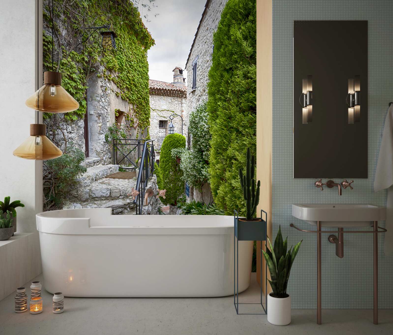 Papier peint une cour verte et tranquille dans une ville ancienne