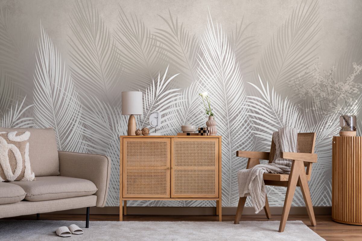 Papier peint feuilles pennées, denses et blanches comme la neige