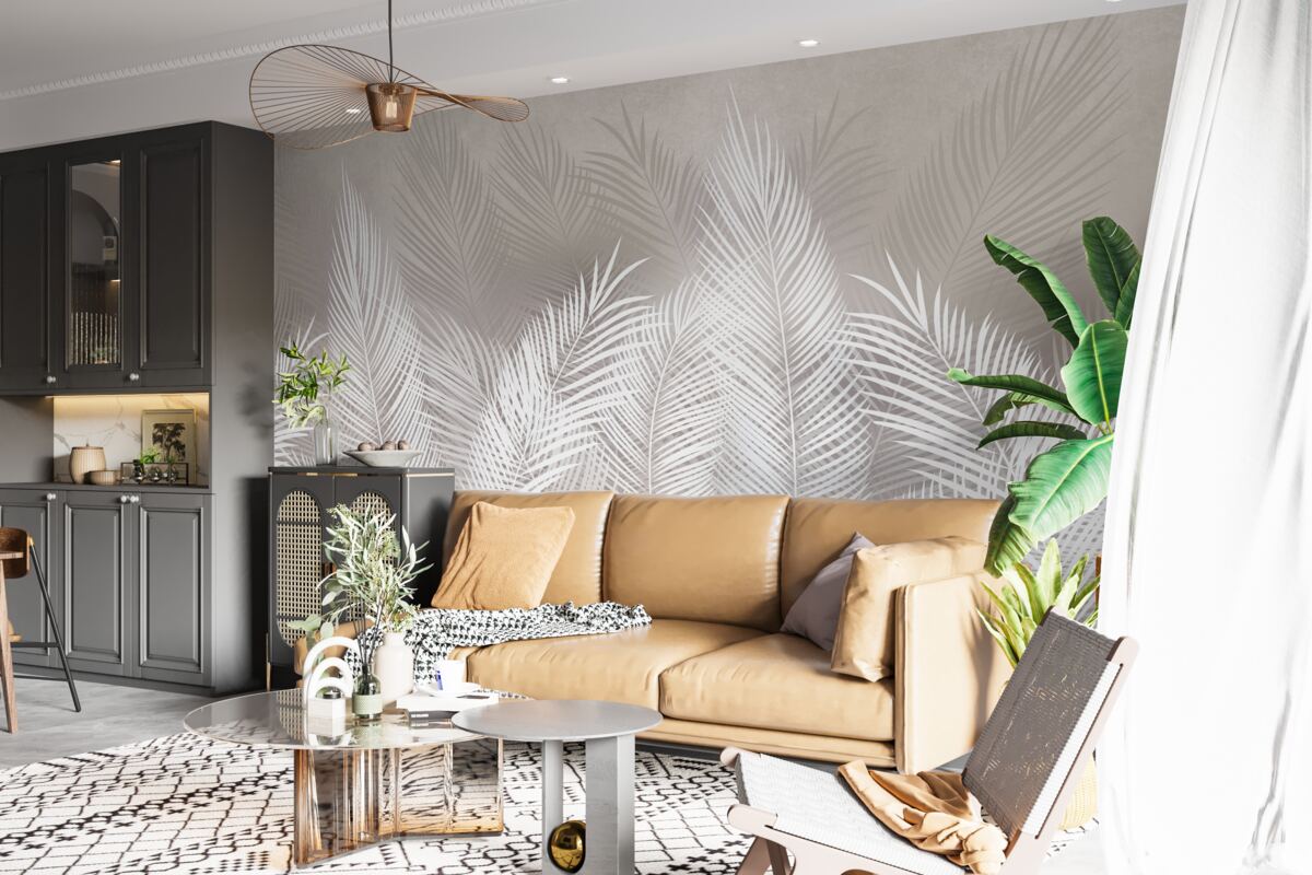 Papier peint feuilles pennées, denses et blanches comme la neige