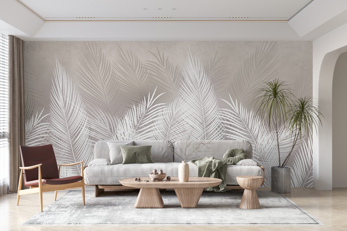 Papier peint feuilles pennées, denses et blanches comme la neige