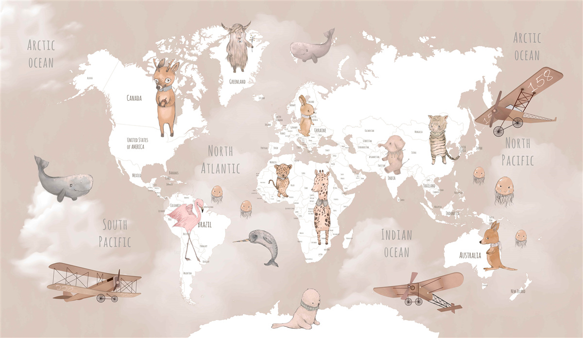Papier peint carte du monde avec des images d'animaux et d'avions