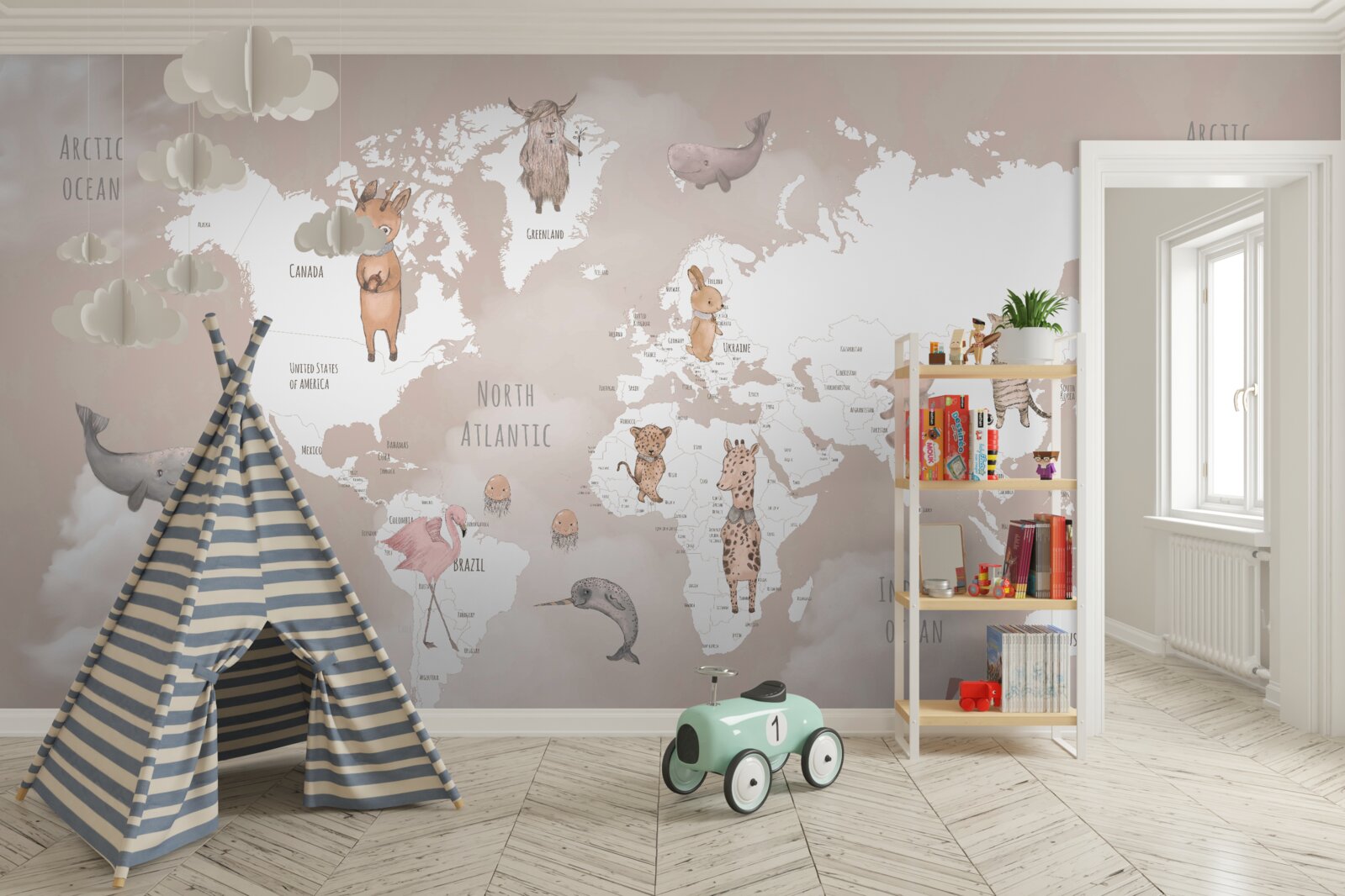 Papier peint carte du monde avec des images d'animaux et d'avions