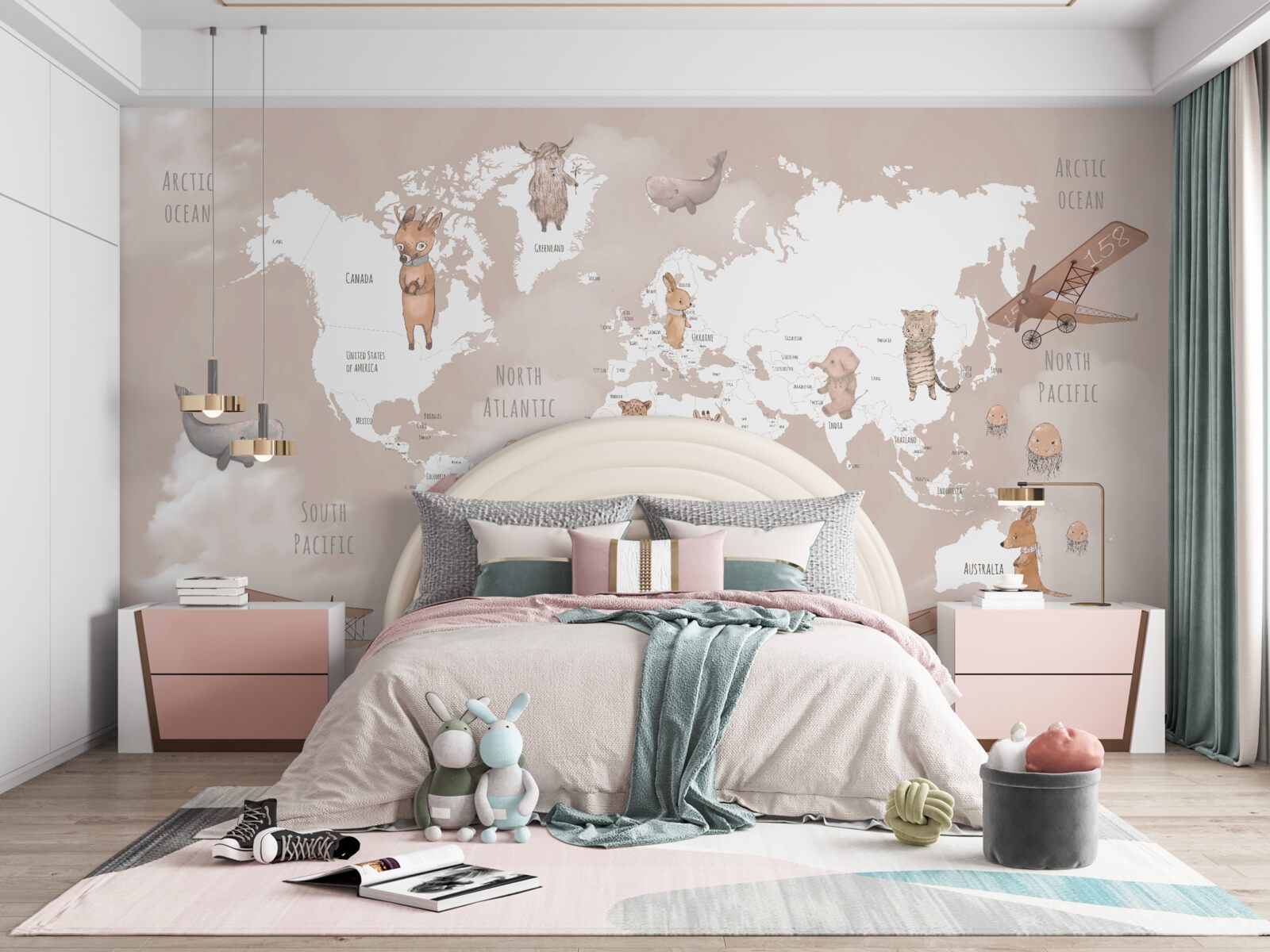 Papier peint carte du monde avec des images d'animaux et d'avions