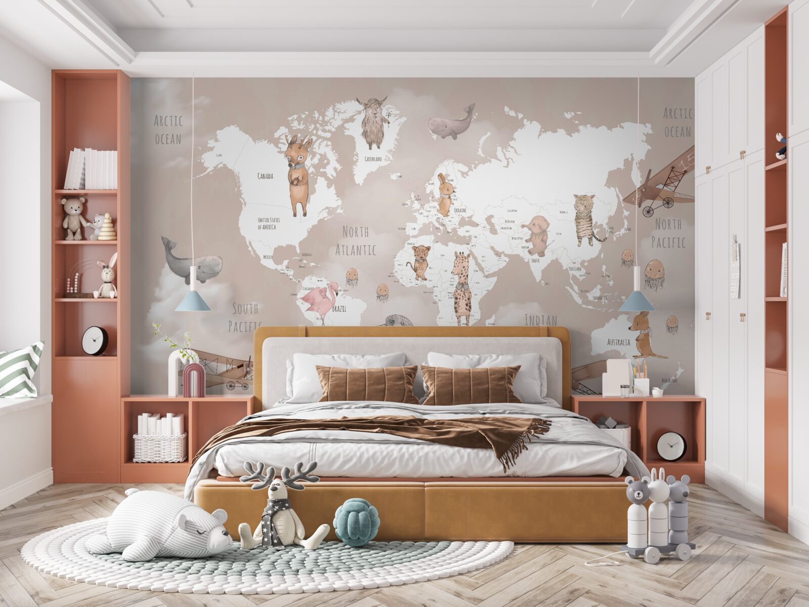 Papier peint carte du monde avec des images d'animaux et d'avions