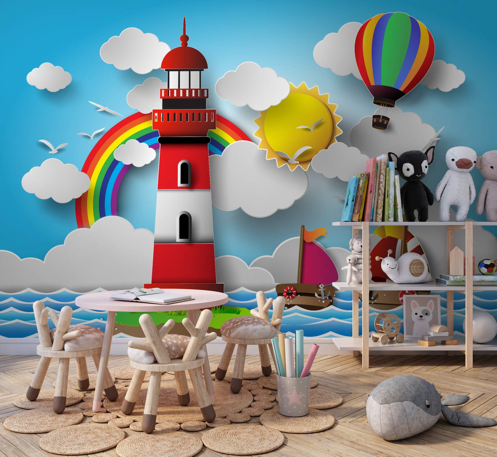 Papier peint un phare lumineux éclaire les yachts qui naviguent à proximité