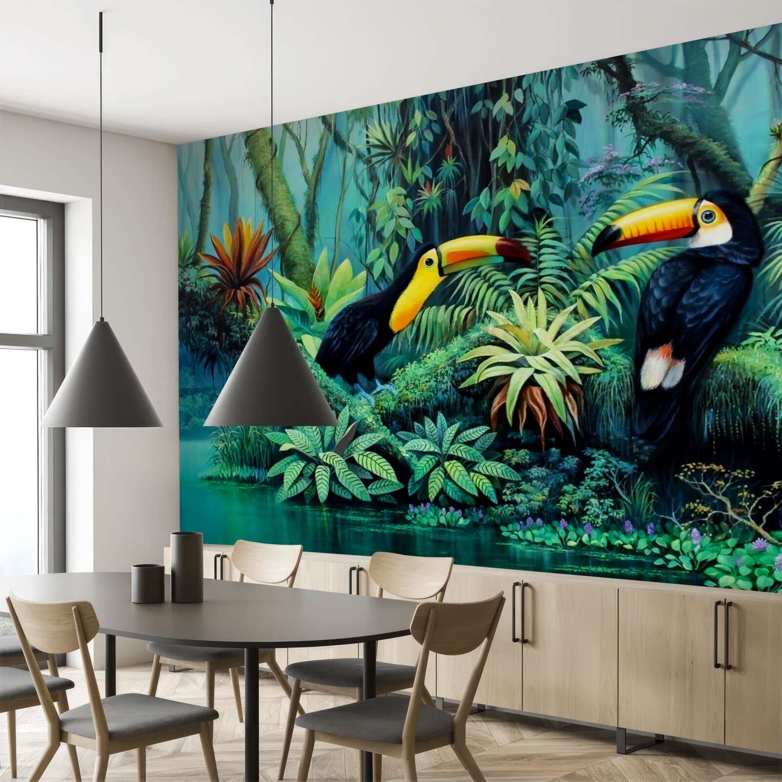 Papier peint forêt tropicale oiseaux faune