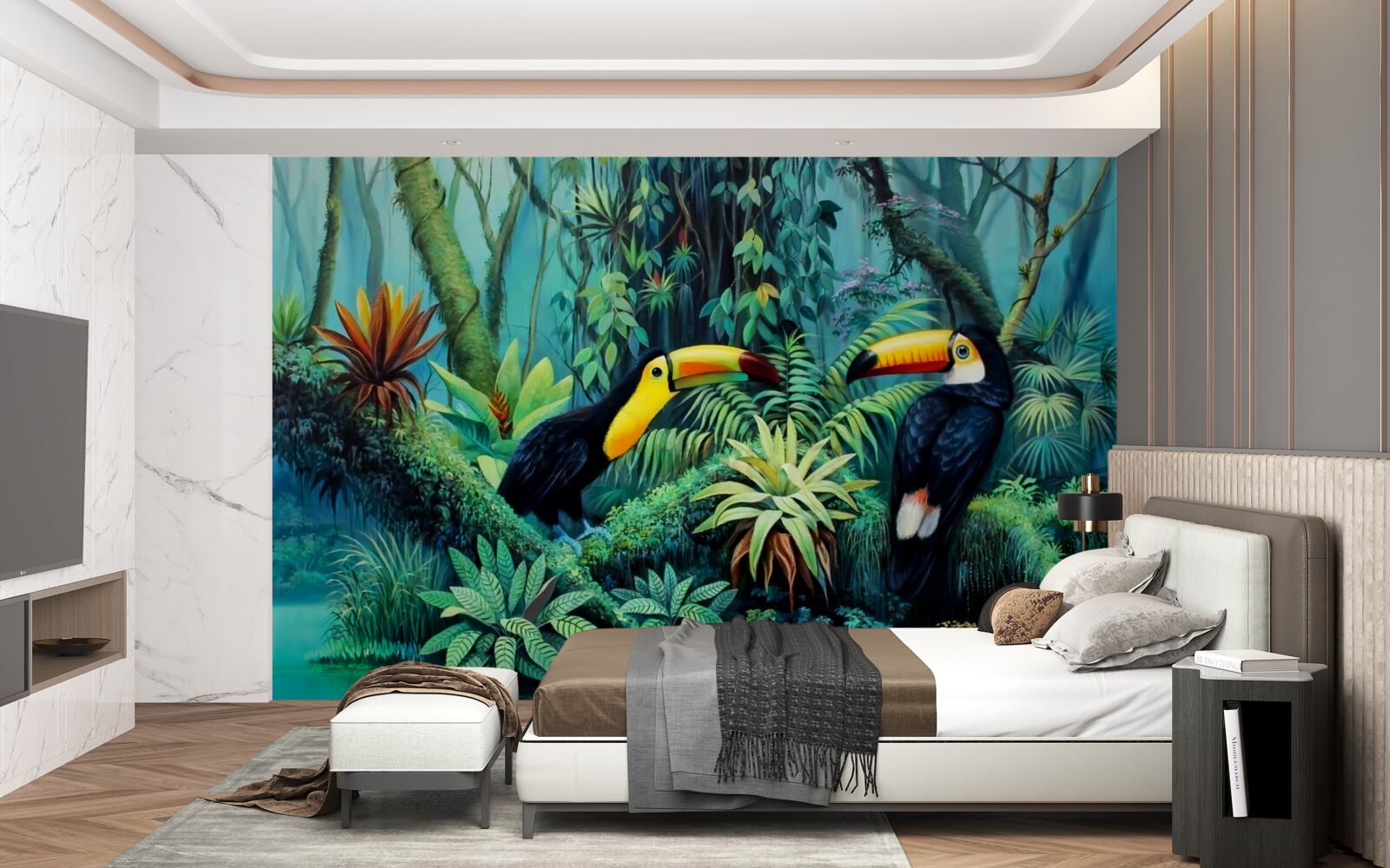 Papier peint forêt tropicale oiseaux faune