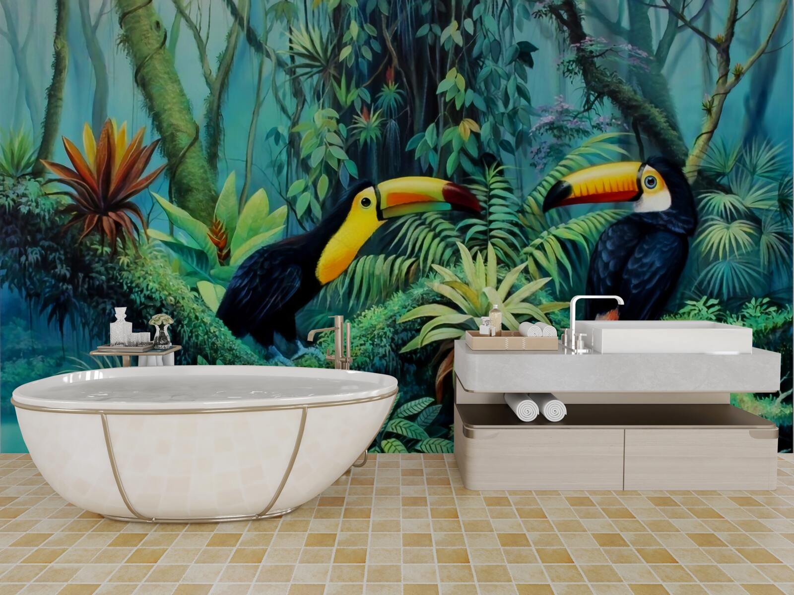 Papier peint forêt tropicale oiseaux faune