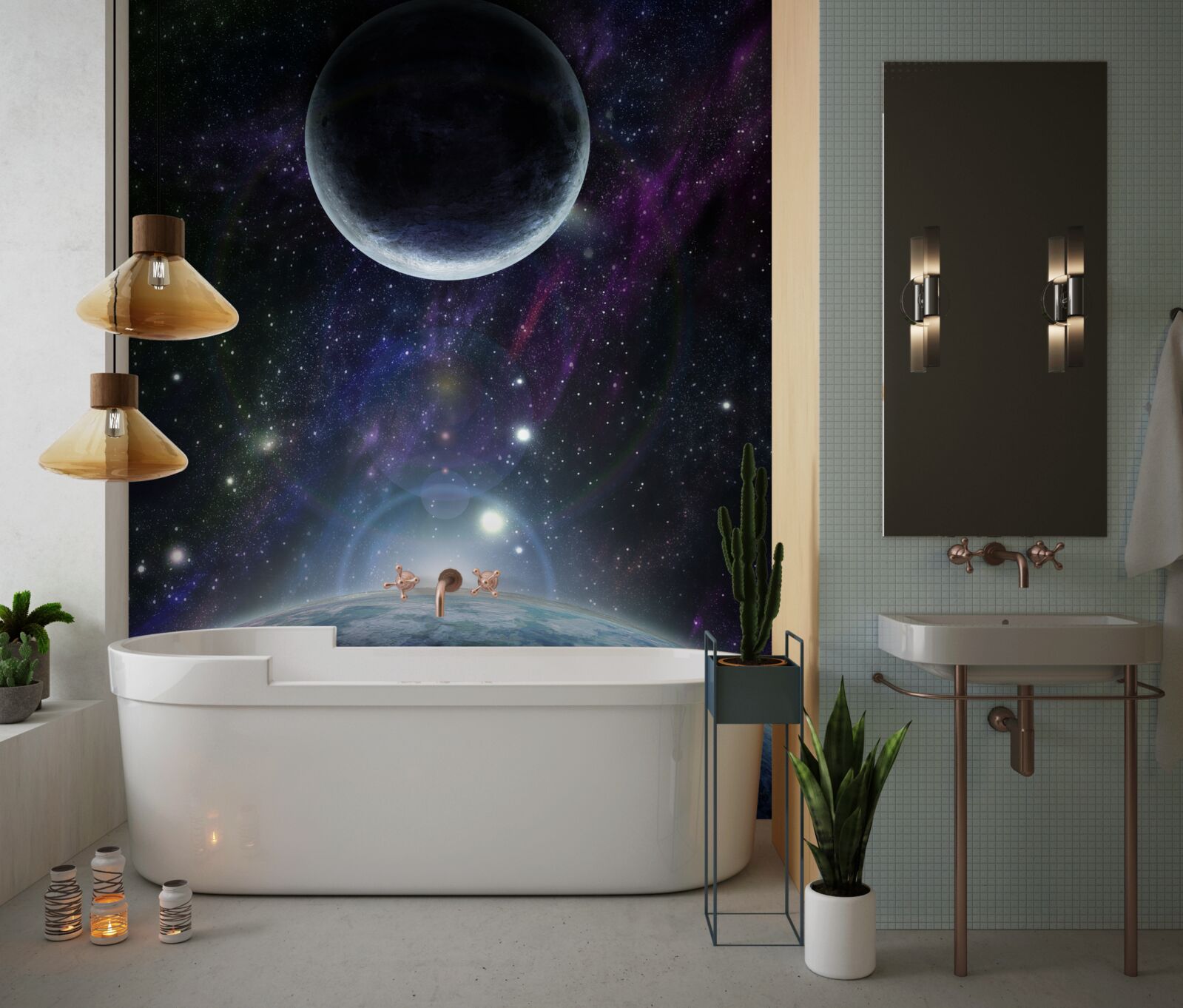 Papier peint la terre et la lune sont dans l'espace