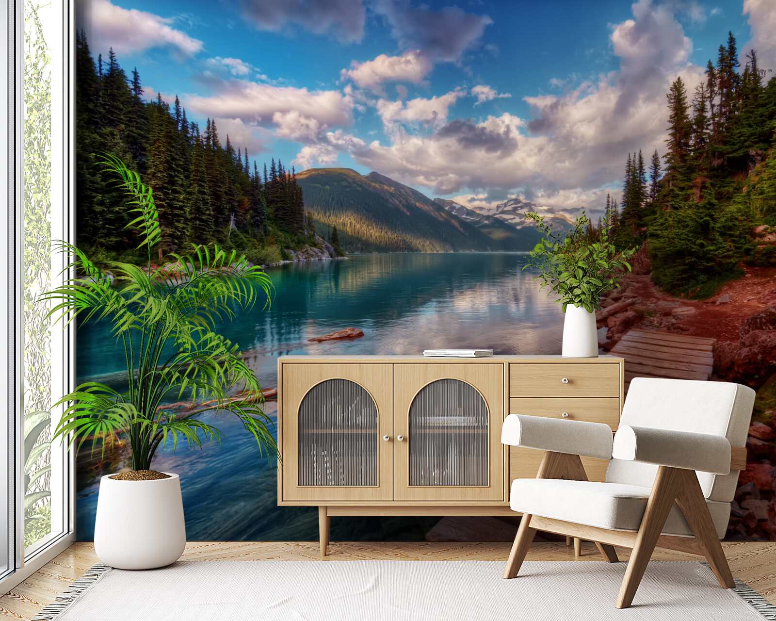 Papier peint un pont situé dans la forêt près d'un réservoir de montagne