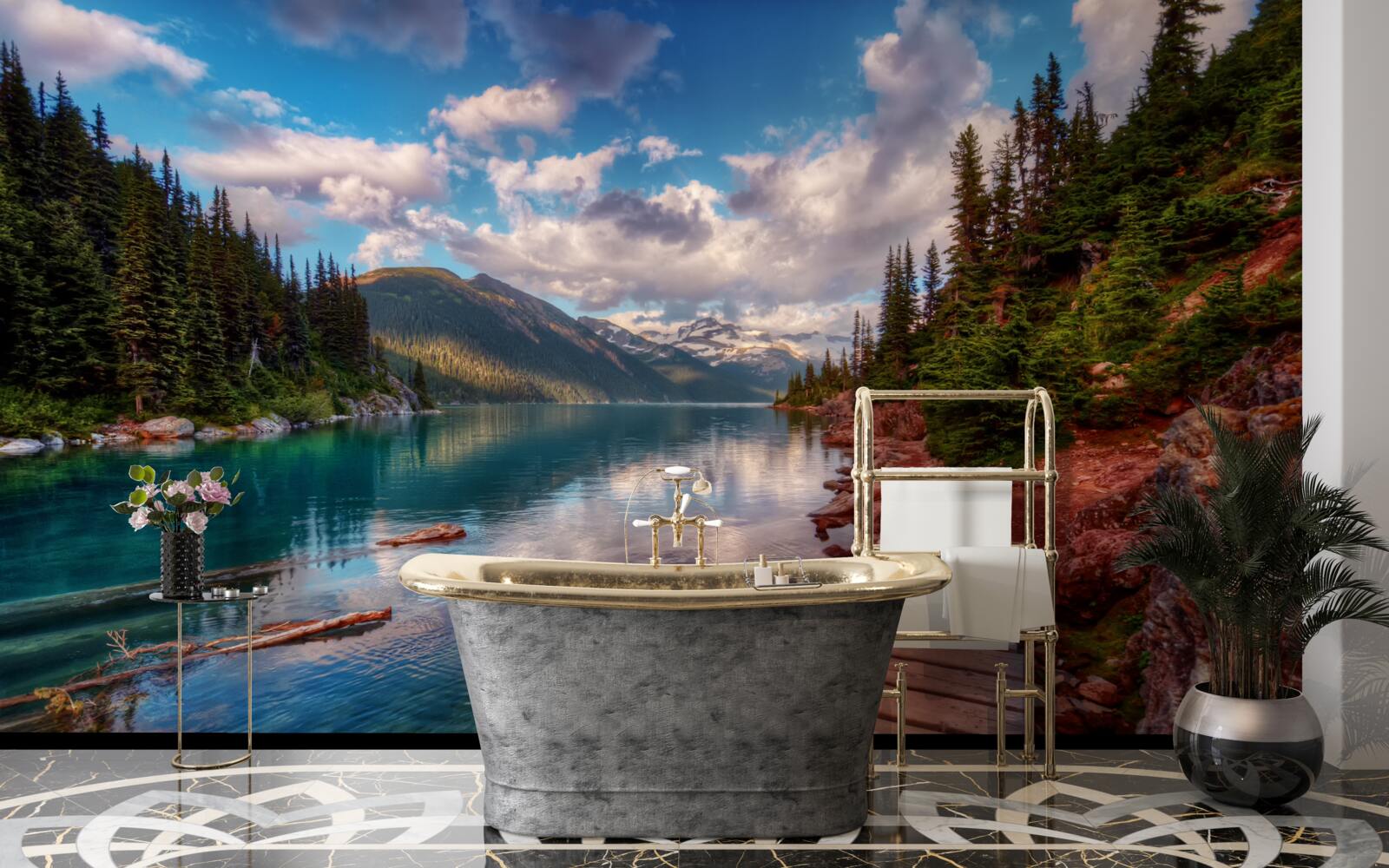 Papier peint un pont situé dans la forêt près d'un réservoir de montagne