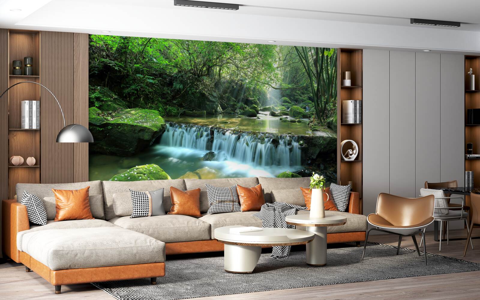 Papier peint cascade déversant bruyamment de larges ruisseaux dans la verdure, illuminée par les rayons du soleil