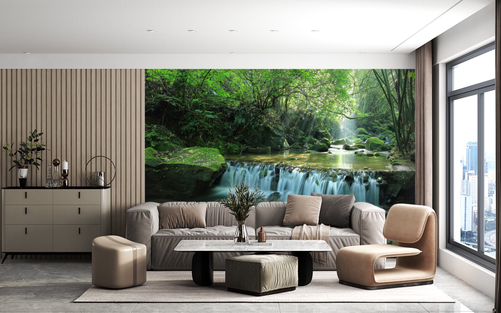 Papier peint cascade déversant bruyamment de larges ruisseaux dans la verdure, illuminée par les rayons du soleil