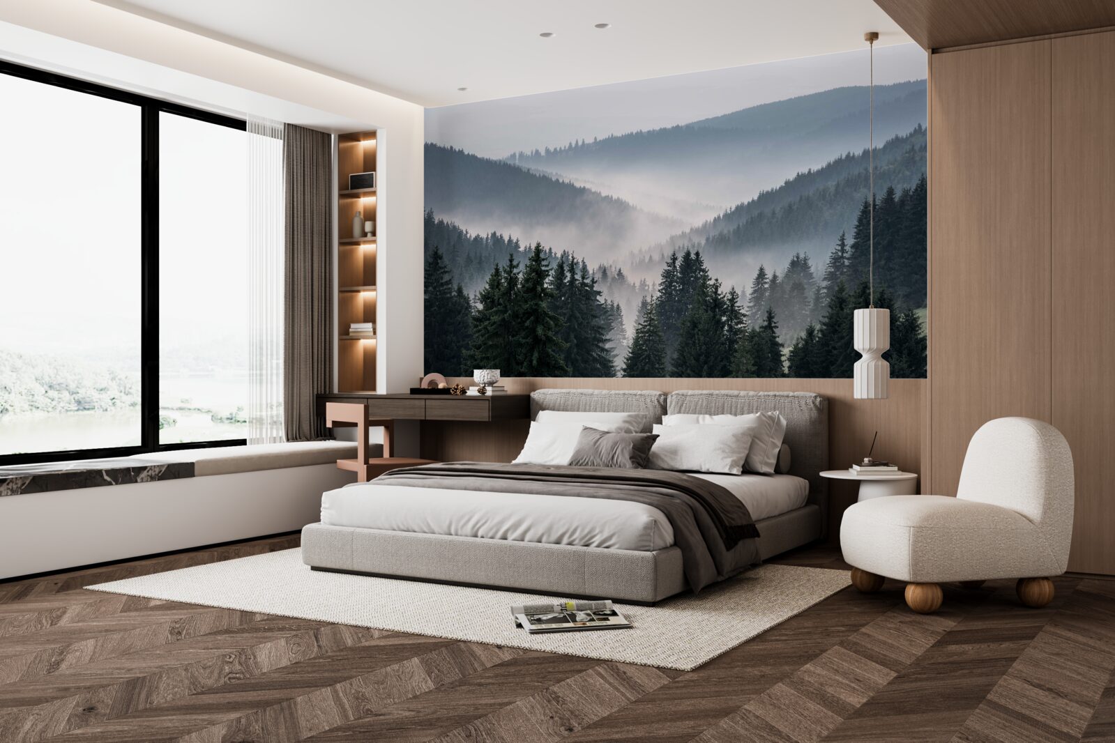 Papier peint La forêt de conifères de montagne est cachée sous un épais brouillard.