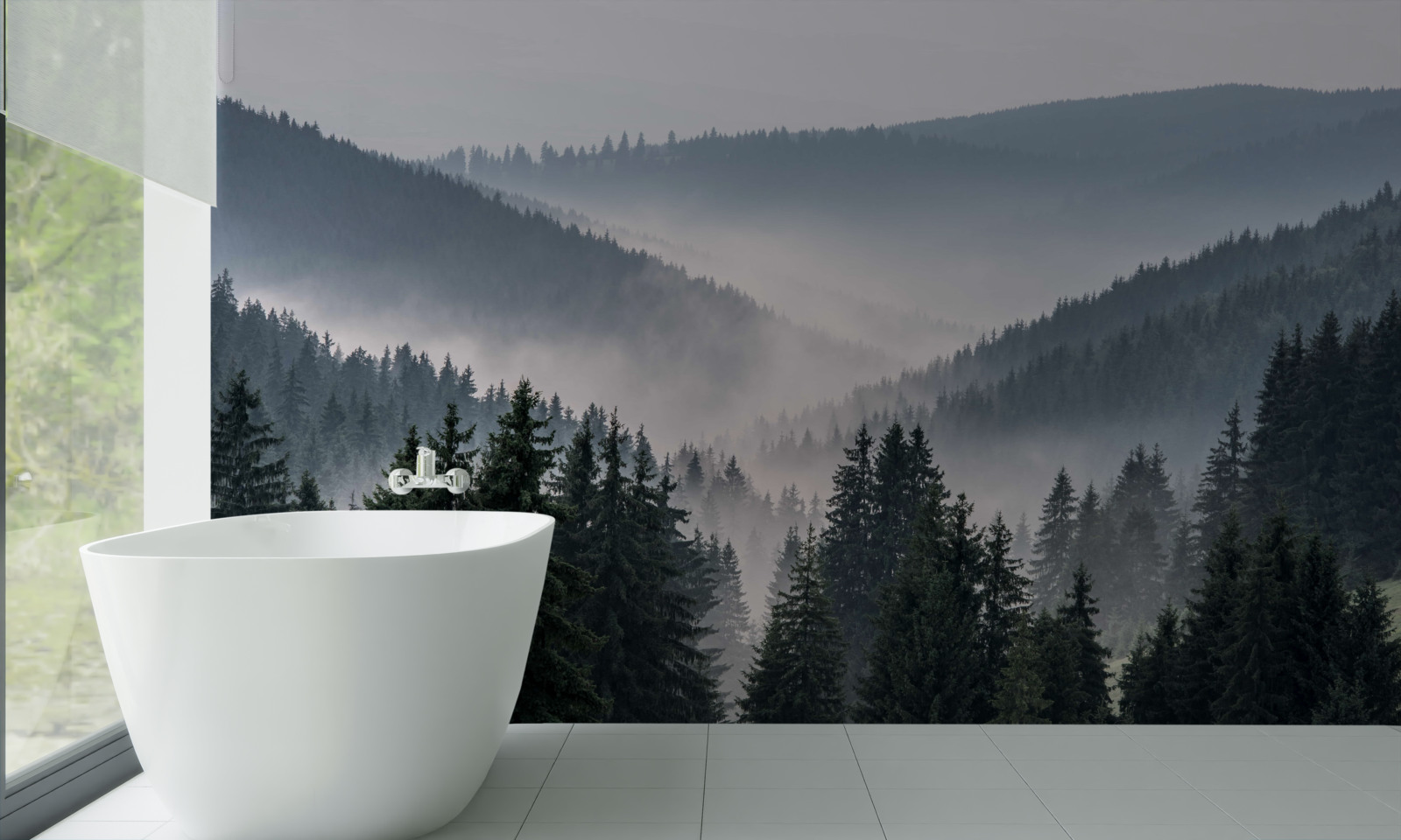 Papier peint La forêt de conifères de montagne est cachée sous un épais brouillard.