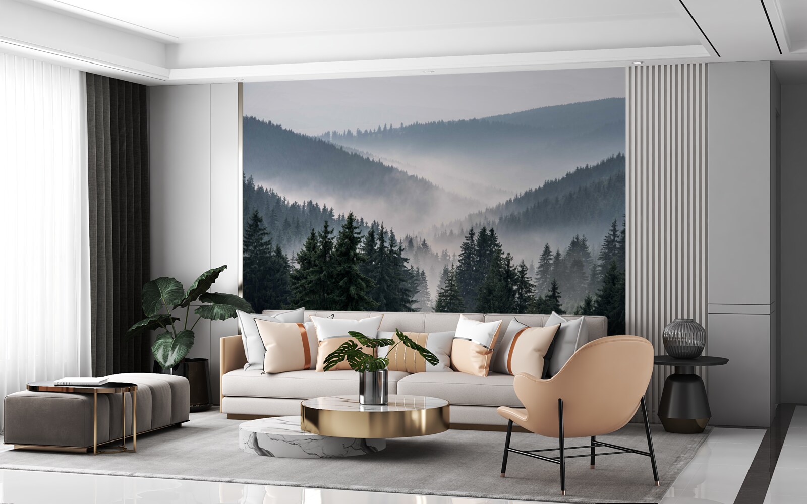 Papier peint La forêt de conifères de montagne est cachée sous un épais brouillard.