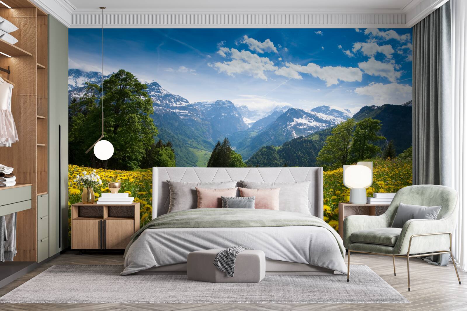 Papier peint paysage de montagne avec un champ de coquelicots décoré de pissenlits jaunes