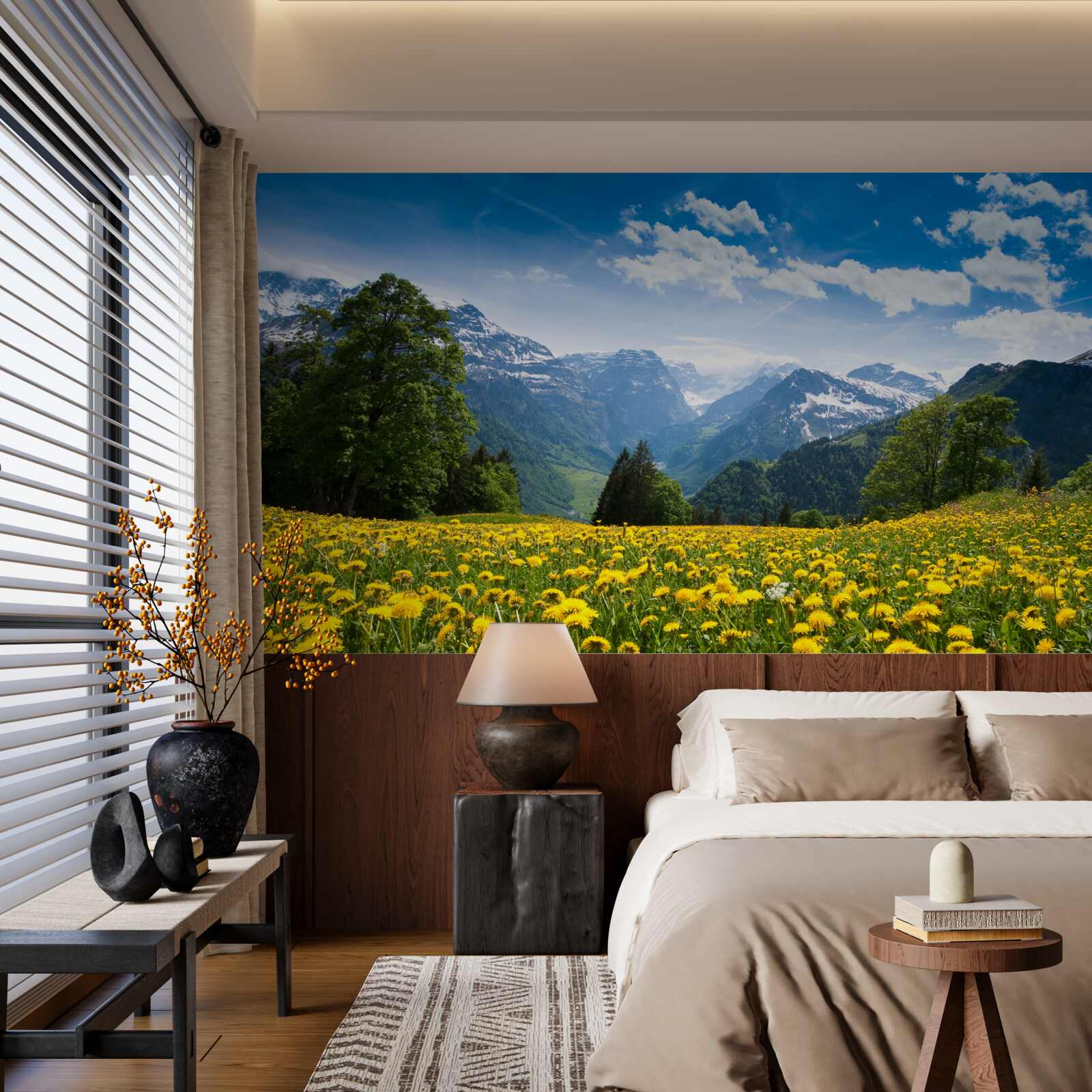 Papier peint paysage de montagne avec un champ de coquelicots décoré de pissenlits jaunes