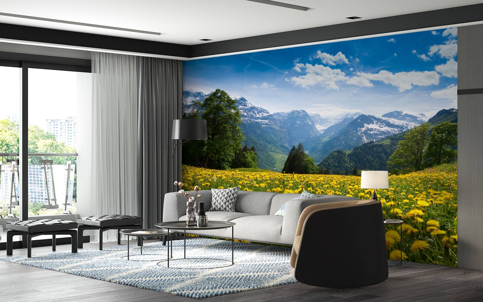 Papier peint paysage de montagne avec un champ de coquelicots décoré de pissenlits jaunes