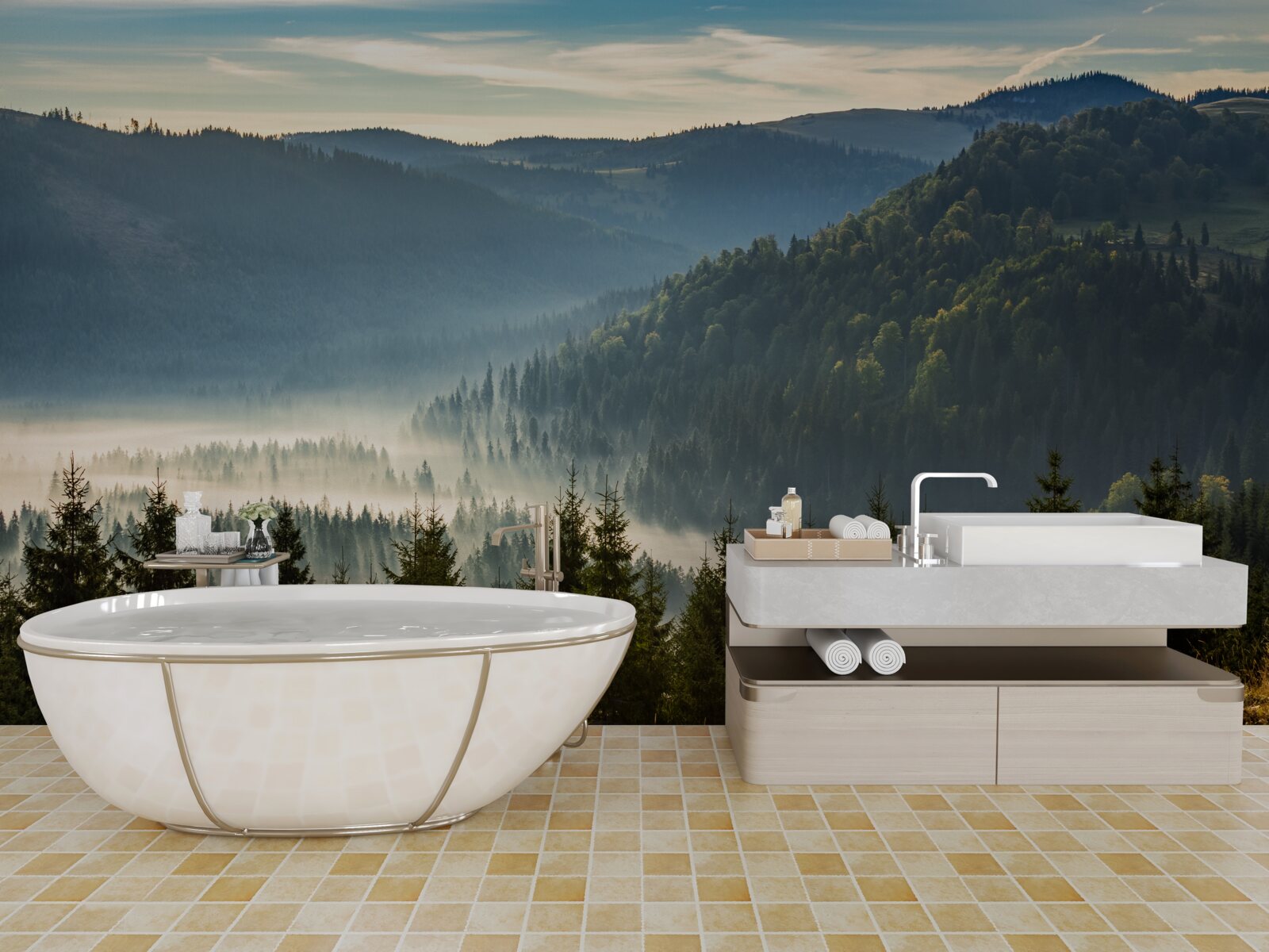 Papier peint la forêt dense d'automne est enveloppée d'un brouillard plus épais