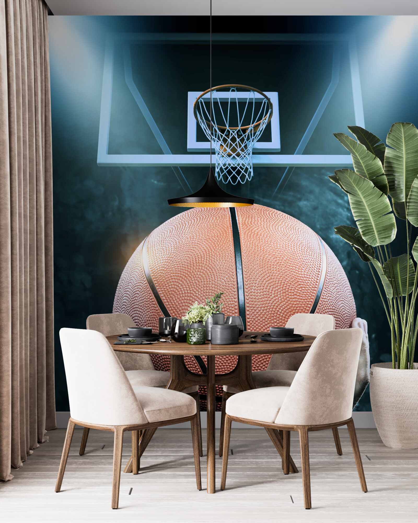 Papier peint un ballon de basket est tenu dans le fond du cerceau