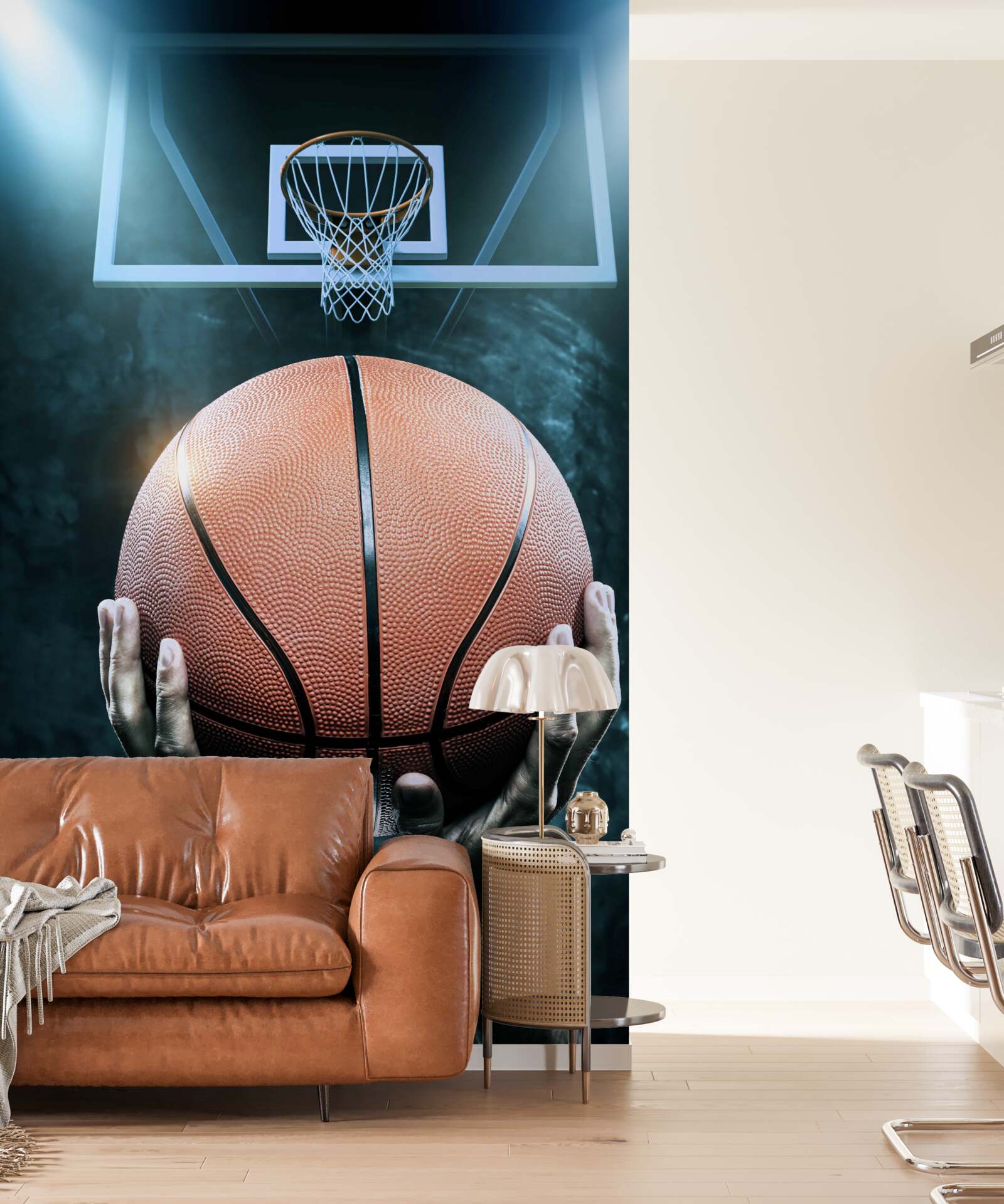 Papier peint un ballon de basket est tenu dans le fond du cerceau