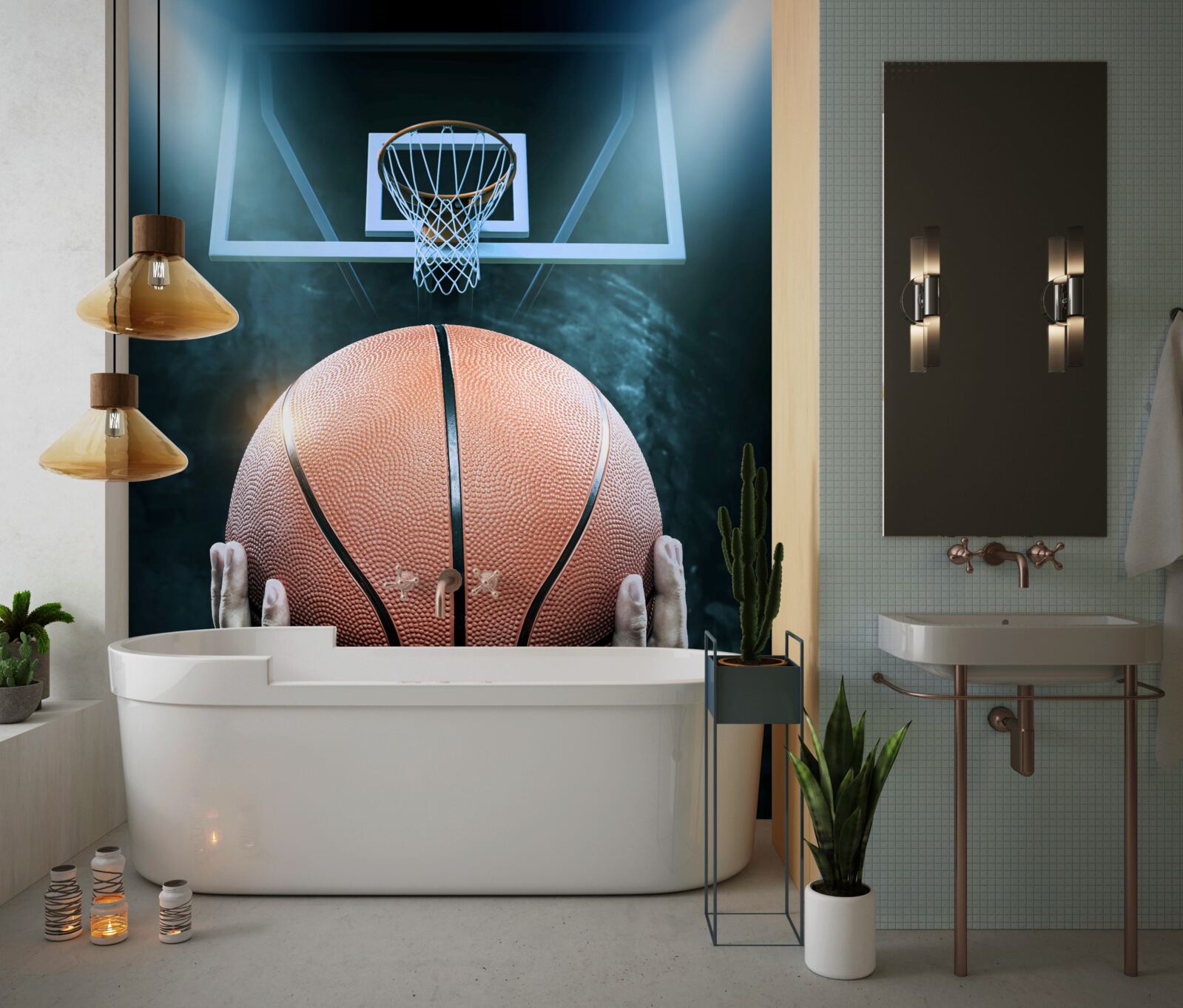 Papier peint un ballon de basket est tenu dans le fond du cerceau