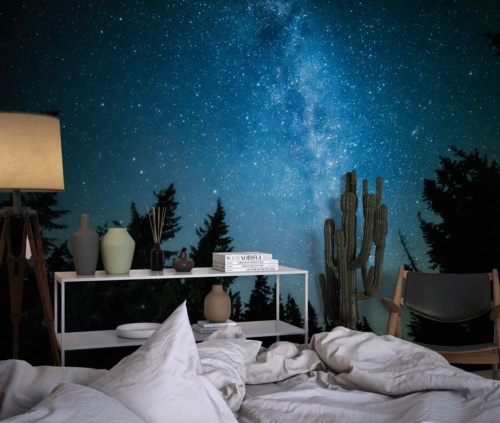 Papier peint Un chemin parmi les étoiles dans une forêt sombre