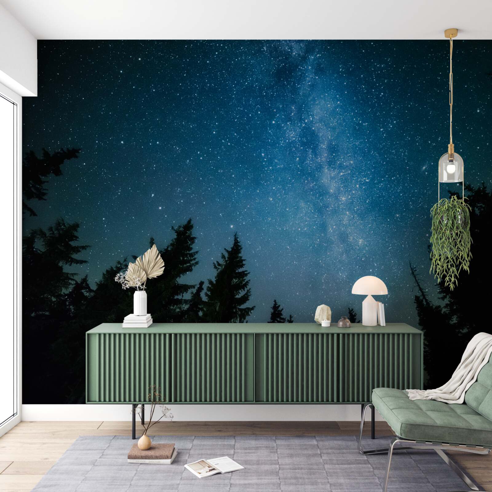 Papier peint Un chemin parmi les étoiles dans une forêt sombre