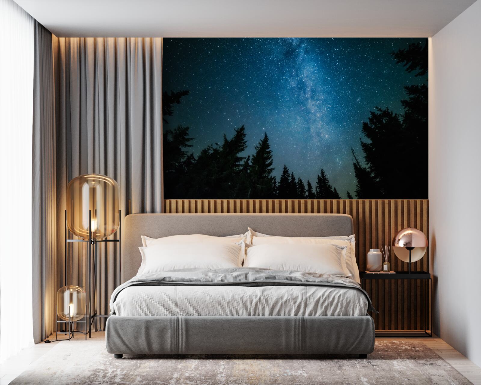 Papier peint Un chemin parmi les étoiles dans une forêt sombre