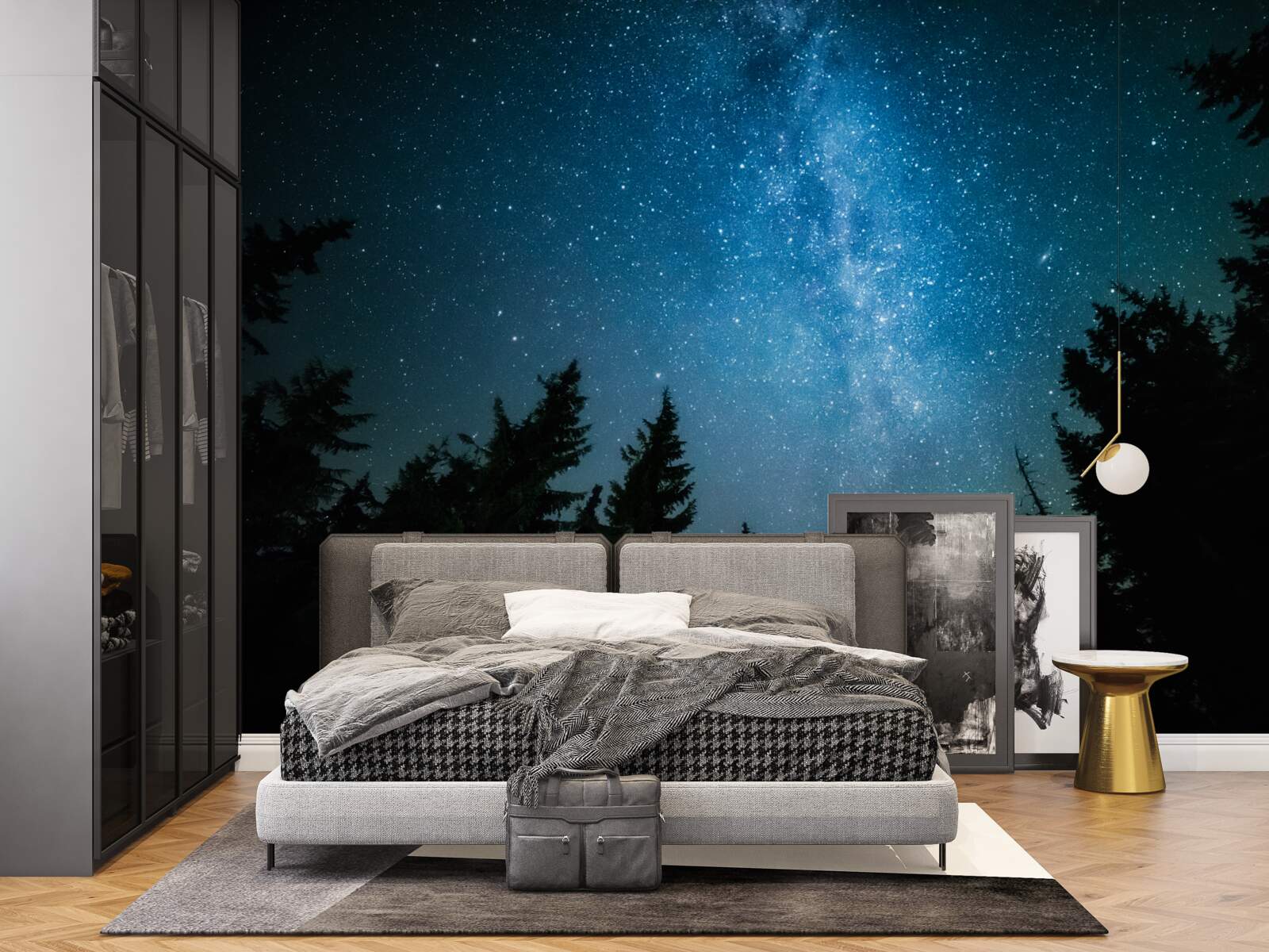 Papier peint Un chemin parmi les étoiles dans une forêt sombre