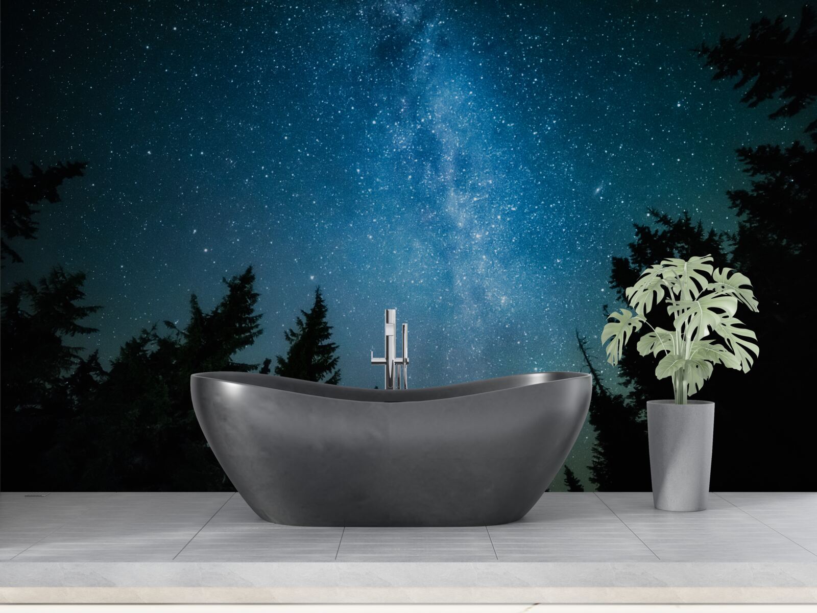 Papier peint Un chemin parmi les étoiles dans une forêt sombre