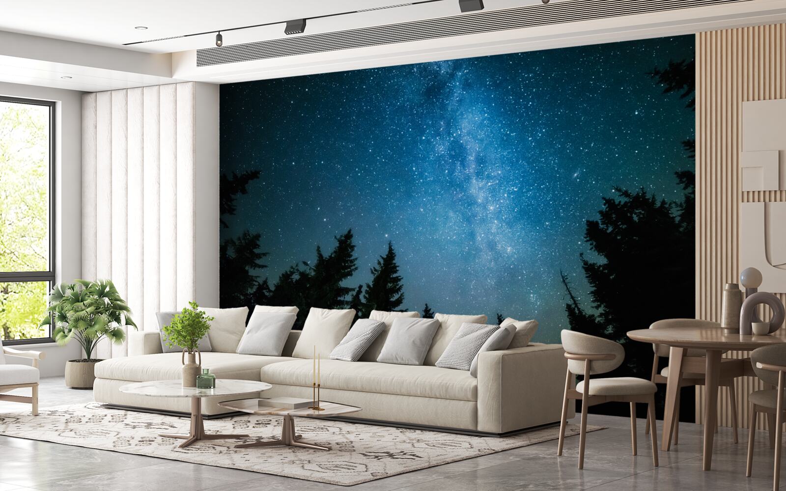 Papier peint Un chemin parmi les étoiles dans une forêt sombre