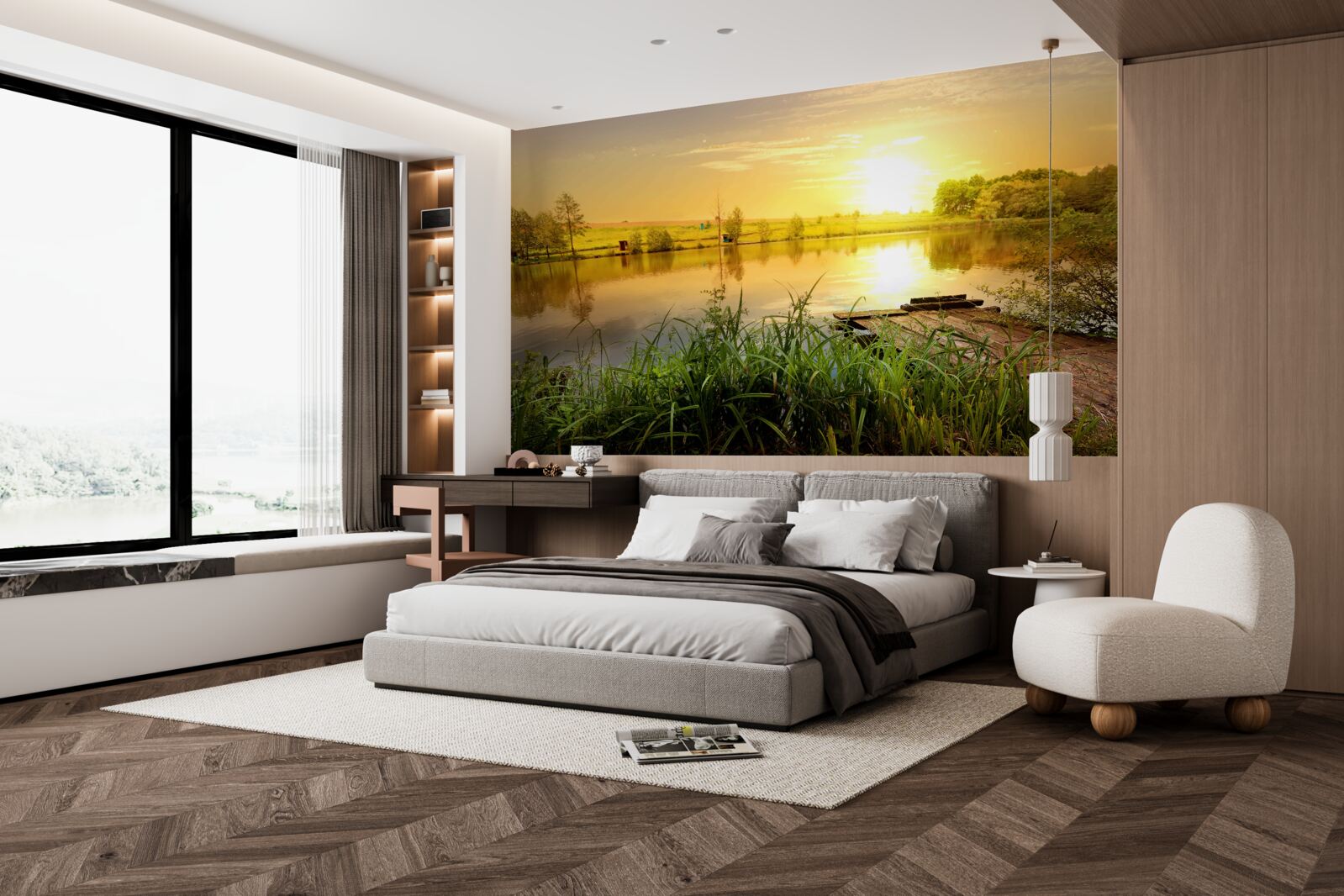 Papier peint lever de soleil sur un lac tranquille