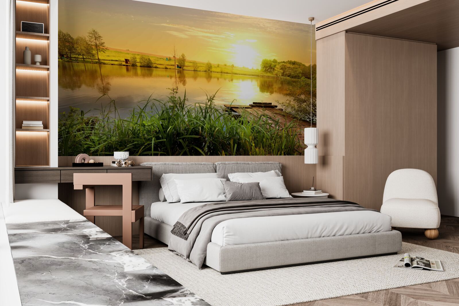 Papier peint lever de soleil sur un lac tranquille