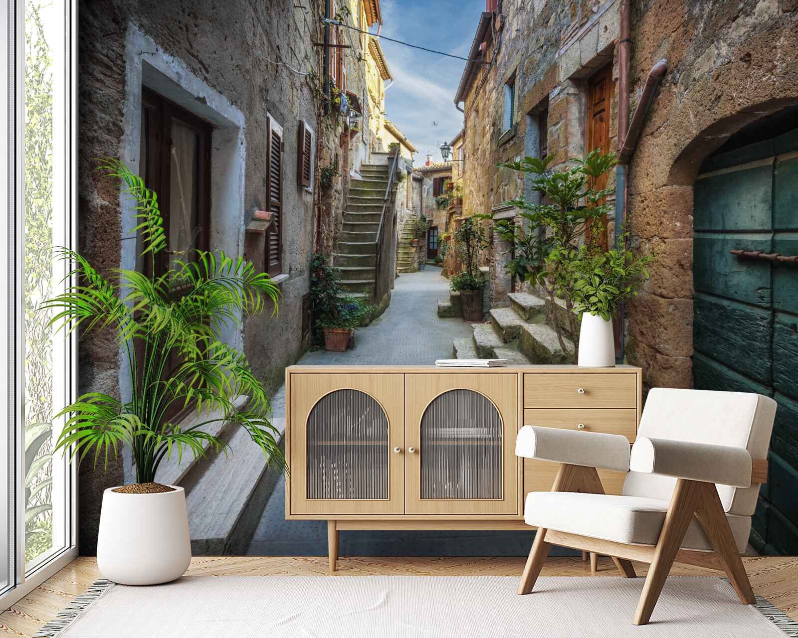 Papier peint rue historique en pierre au crépuscule