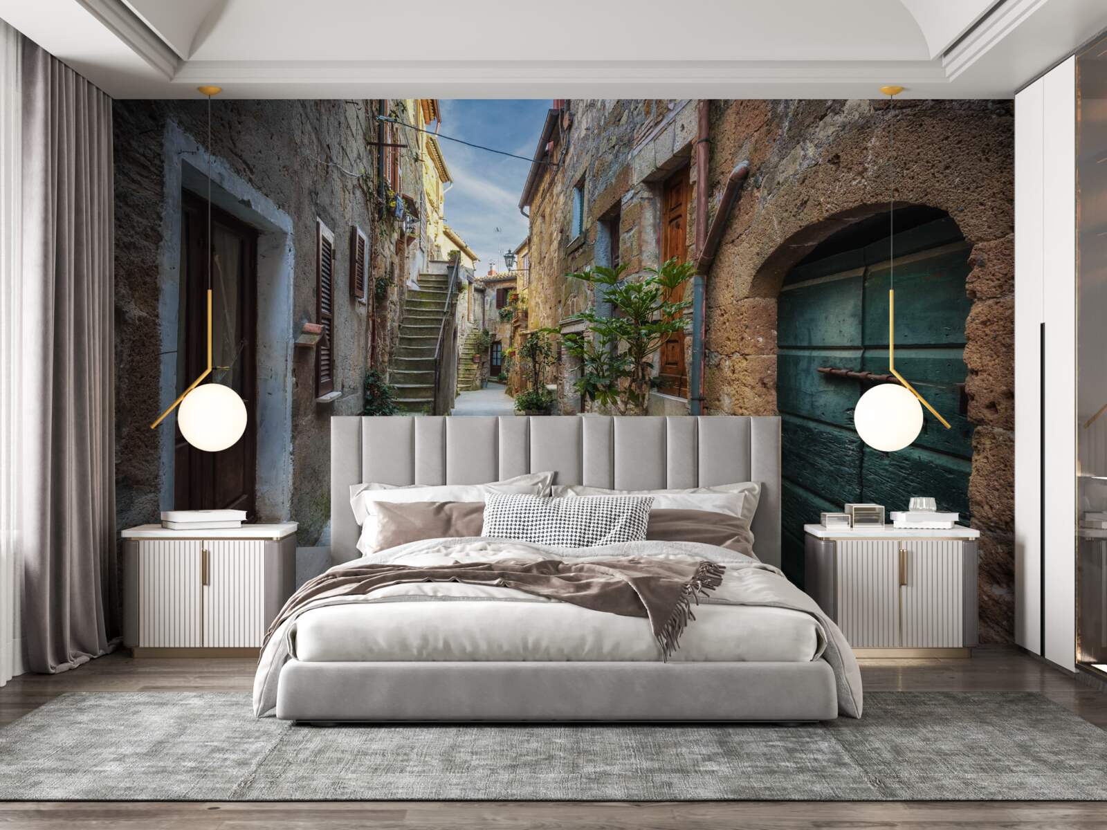 Papier peint rue historique en pierre au crépuscule