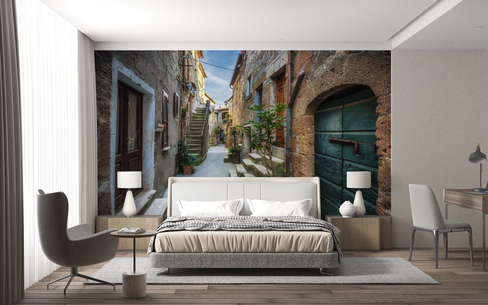 Papier peint rue historique en pierre au crépuscule