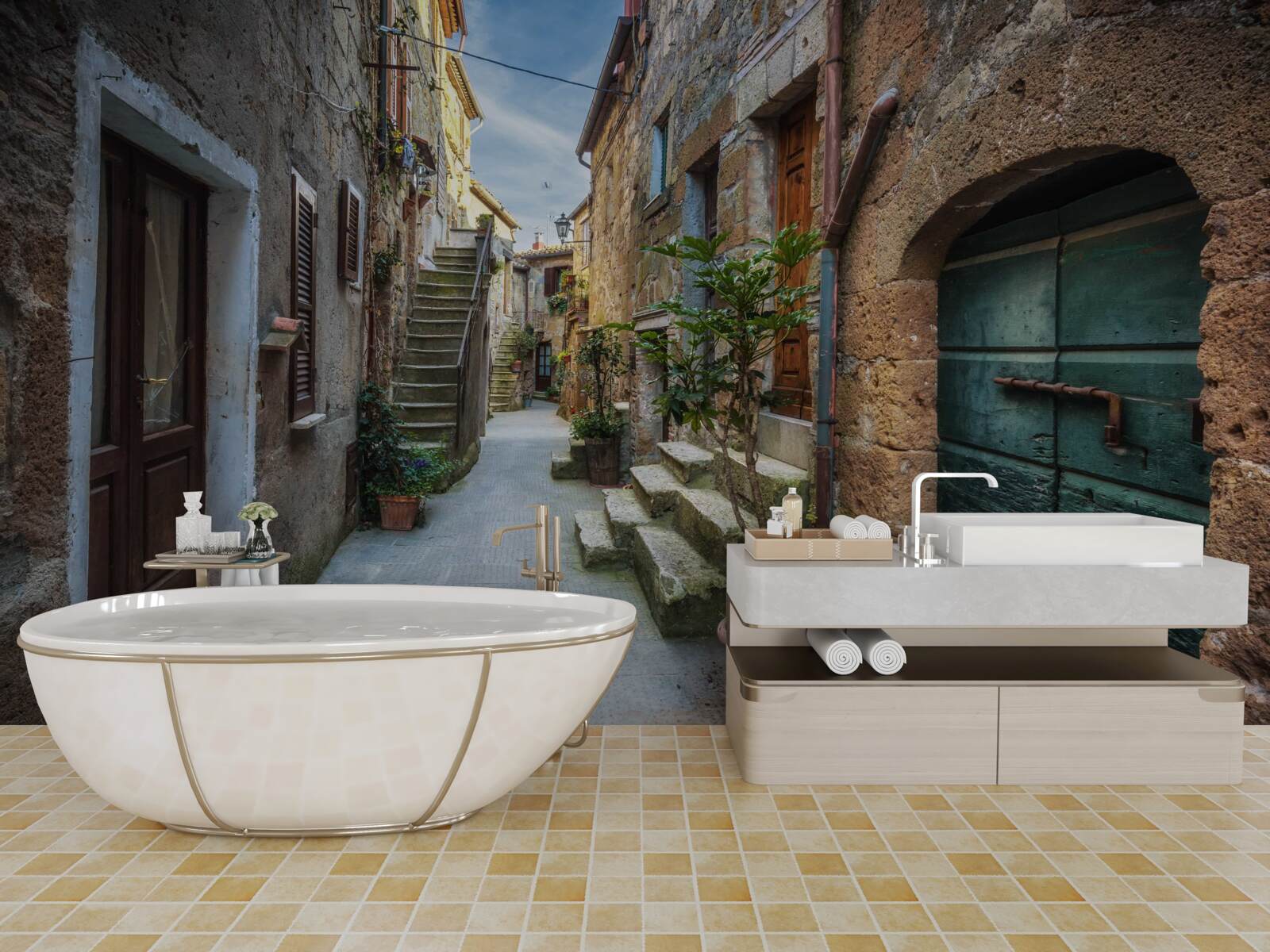 Papier peint rue historique en pierre au crépuscule