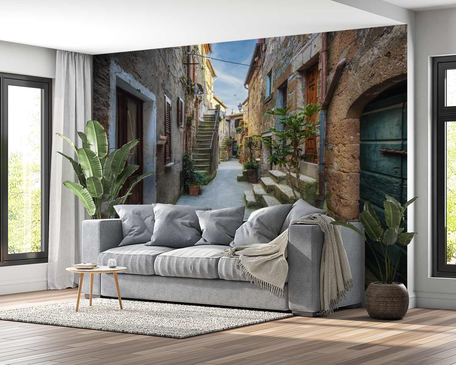 Papier peint rue historique en pierre au crépuscule