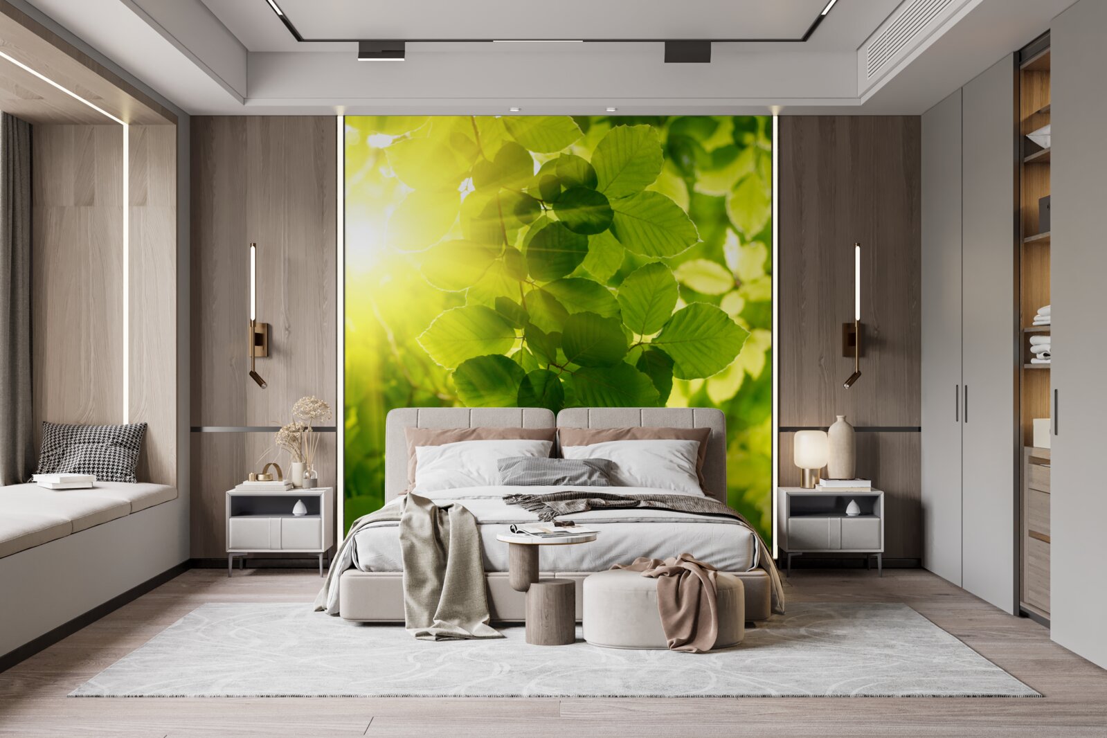 Papier peint la lumière matinale du soleil salue les feuilles vertes