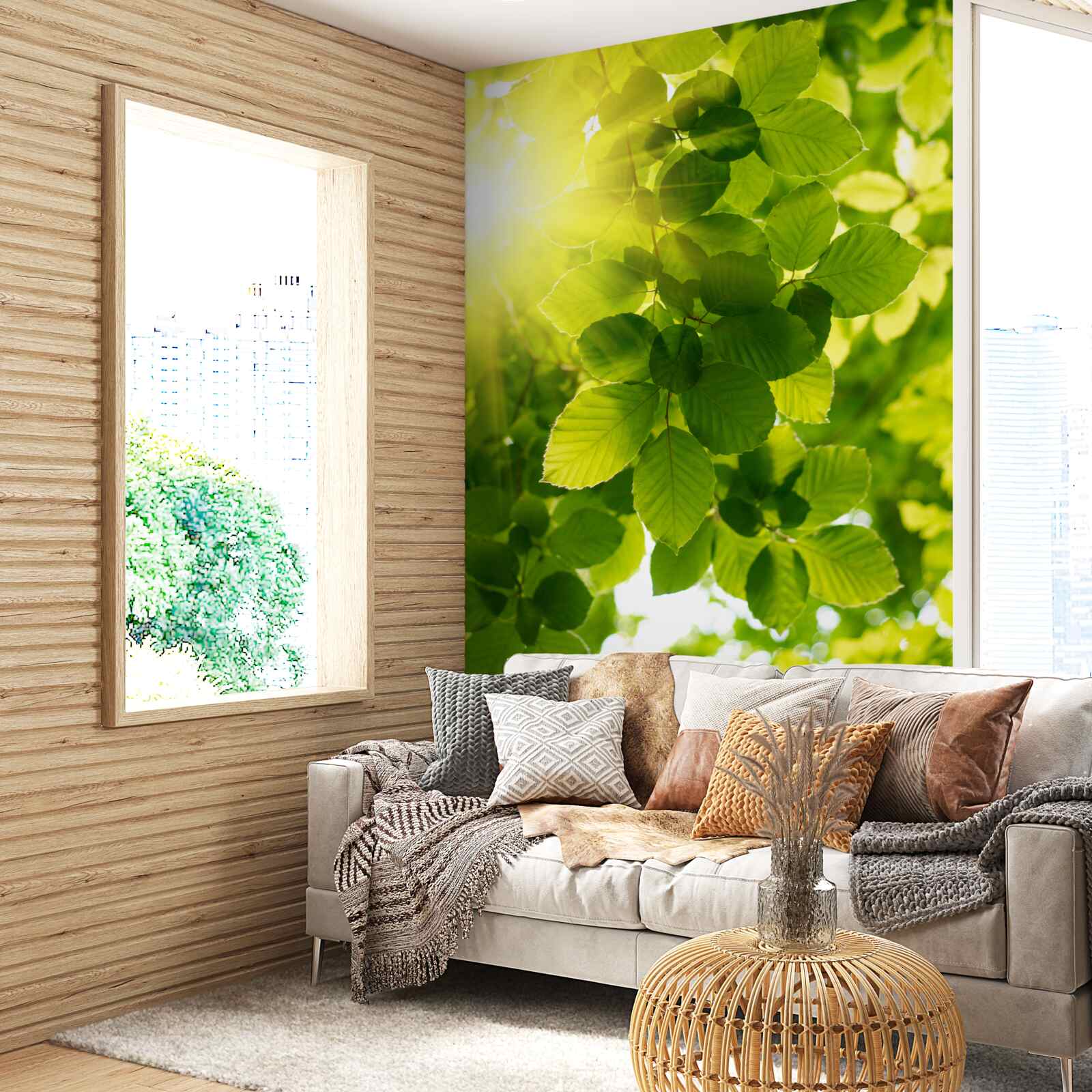 Papier peint la lumière matinale du soleil salue les feuilles vertes