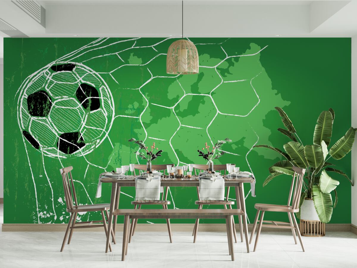 Papier peint silhouette d'un ballon de football et d'un filet se détachant sur un fond vert