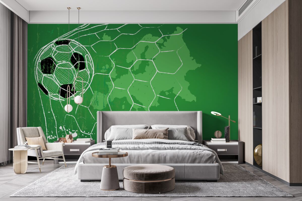 Papier peint silhouette d'un ballon de football et d'un filet se détachant sur un fond vert